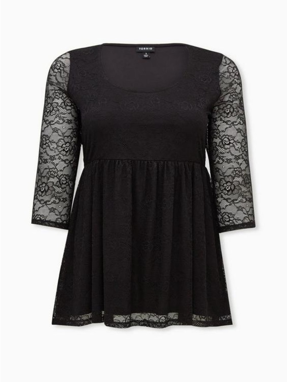 torrid 0X Black Lace Peplum Tunic with Sheer 3/4 Sleeves